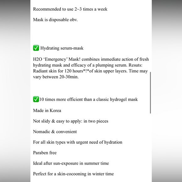 Lux SAMPAR H2O Emergency Skin Mask Moisturizing Hydrate Hydrogen Serum Relaxing - Picture 14 of 16